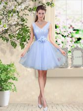 Romantic Lavender Tulle Lace Up Dama Dress for Quinceanera Sleeveless Knee Length Lace and Belt