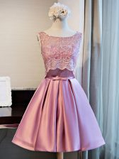 Superior Mini Length Lilac Homecoming Dress Satin Sleeveless Lace and Appliques and Belt