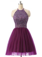 Luxury Mini Length Dark Purple Prom Dress Halter Top Sleeveless Backless