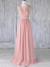 Admirable Appliques Damas Dress Pink Backless Sleeveless Sweep Train