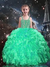  Apple Green Ball Gowns Spaghetti Straps Sleeveless Organza Floor Length Lace Up Beading and Ruffles Kids Formal Wear
