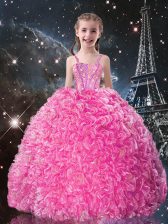 Beading and Ruffles Kids Formal Wear Rose Pink Lace Up Sleeveless Floor Length