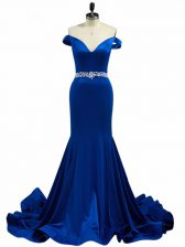  Sleeveless Elastic Woven Satin Brush Train Zipper Prom Gown in Royal Blue with Beading