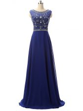 Flirting Royal Blue Chiffon Zipper Prom Dresses Sleeveless Floor Length Beading