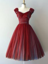 Best Cap Sleeves Knee Length Ruching Lace Up Dama Dress for Quinceanera with Rust Red
