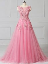Stunning Pink Sleeveless Tulle Brush Train Lace Up Prom Party Dress for Prom and Party