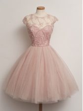  Knee Length Peach Dama Dress for Quinceanera Scoop Cap Sleeves Lace Up