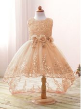 Elegant High Low Champagne Flower Girl Dress Tulle Sleeveless Lace and Bowknot and Hand Made Flower