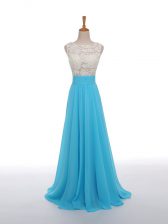 Lovely Floor Length Baby Blue Prom Party Dress Chiffon Sleeveless Lace and Appliques