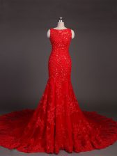 Exquisite Red Sleeveless Lace Court Train Backless Prom Evening Gown for Prom and Military Ball and Wedding Party