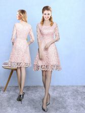  Half Sleeves Mini Length Lace Zipper Damas Dress with Baby Pink