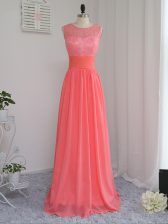Inexpensive Chiffon Scoop Sleeveless Zipper Lace Quinceanera Dama Dress in Watermelon Red
