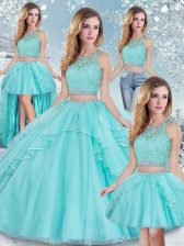 Discount Aqua Blue Sleeveless Floor Length Lace and Sequins Clasp Handle Quinceanera Dresses