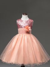  Tulle Scoop Sleeveless Zipper Sequins and Hand Made Flower Pageant Gowns For Girls in Peach
