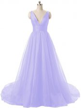  Sleeveless Organza Brush Train Backless Evening Dress in Lavender with Ruching