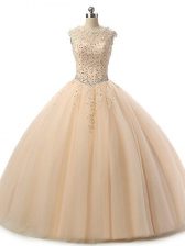 Custom Designed Champagne Quinceanera Dresses Military Ball and Sweet 16 and Quinceanera with Beading and Lace Scoop Sleeveless Lace Up