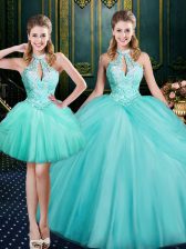 Flirting Aqua Blue Lace Up Halter Top Beading and Pick Ups 15 Quinceanera Dress Tulle Sleeveless