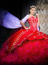  Brush Train Ball Gowns Sweet 16 Dress Red Sweetheart Organza Sleeveless Lace Up