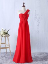 Charming One Shoulder Sleeveless Lace Up Quinceanera Court of Honor Dress Red Chiffon