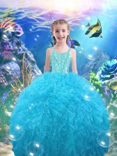  Aqua Blue Ball Gowns Beading and Ruffles Child Pageant Dress Lace Up Organza Sleeveless Floor Length