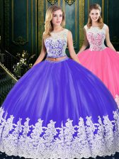 Gorgeous Sleeveless Tulle Floor Length Clasp Handle Quinceanera Gown in Blue And White with Appliques and Embroidery