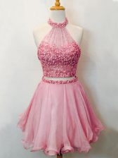Extravagant Pink Quinceanera Court of Honor Dress Prom and Party and Wedding Party with Beading Halter Top Sleeveless Lace Up