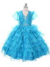 Fancy Baby Blue Halter Top Lace Up Beading and Ruffled Layers and Bowknot Little Girl Pageant Gowns Sleeveless