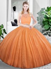 Trendy Lace and Ruching Quinceanera Gowns Orange Zipper Sleeveless Floor Length