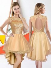 Custom Fit Champagne A-line Beading and Lace Quinceanera Court of Honor Dress Backless Organza Sleeveless High Low