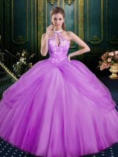 Dazzling Lilac Tulle Lace Up Halter Top Sleeveless Floor Length Quinceanera Dresses Beading and Pick Ups