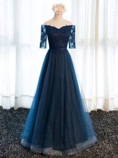  Floor Length Navy Blue Prom Party Dress Tulle Half Sleeves Beading and Lace and Appliques