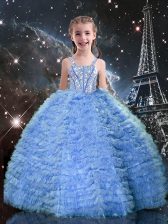 Popular Sleeveless Floor Length Beading and Ruffled Layers Lace Up Little Girls Pageant Dress Wholesale with Baby Blue