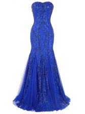  Royal Blue Sleeveless Tulle Brush Train Lace Up Prom Gown for Prom and Military Ball and Sweet 16