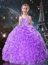  Floor Length Lace Up Little Girls Pageant Dress Lilac for Quinceanera and Wedding Party with Beading and Ruffles