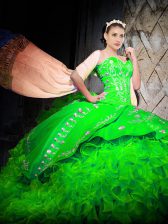 Fitting Green Ball Gowns Sweetheart Sleeveless Organza With Brush Train Lace Up Embroidery and Ruffles 15th Birthday Dress
