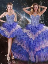 On Sale Multi-color Organza Lace Up Sweetheart Sleeveless Floor Length Quinceanera Gowns Beading and Ruffled Layers