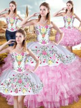 Stunning Embroidery and Ruffled Layers Quinceanera Dress Rose Pink Lace Up Sleeveless Floor Length