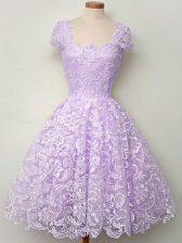 Glorious Knee Length Lavender Court Dresses for Sweet 16 Straps Cap Sleeves Lace Up