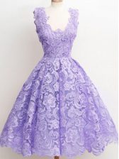  Lavender A-line Lace Straps Sleeveless Lace Knee Length Zipper Quinceanera Dama Dress