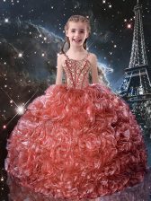  Watermelon Red Ball Gowns Straps Sleeveless Organza Floor Length Lace Up Beading and Ruffles Party Dress for Toddlers