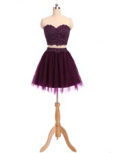  Sleeveless Mini Length Beading and Appliques Zipper Prom Dress with Dark Purple