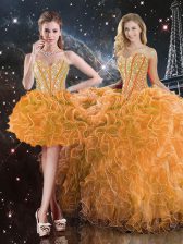  Orange Sweet 16 Dresses Military Ball and Sweet 16 and Quinceanera with Beading and Ruffles Sweetheart Sleeveless Lace Up