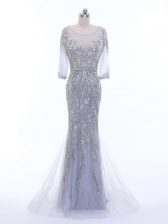 Captivating Brush Train Column/Sheath Prom Evening Gown Silver Scoop Tulle 3 4 Length Sleeve Zipper