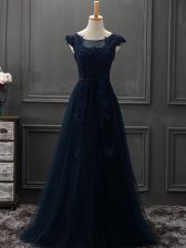  Navy Blue Tulle Lace Up Scoop Sleeveless Floor Length Prom Party Dress Appliques