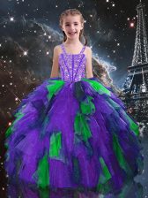 Perfect Sleeveless Lace Up Floor Length Beading and Ruffles Little Girls Pageant Gowns