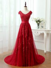 Flirting Red Prom Party Dress Prom and Party with Lace and Appliques V-neck Cap Sleeves Brush Train Lace Up
