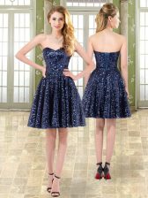  Mini Length Navy Blue Homecoming Dress Tulle and Sequined Sleeveless Beading