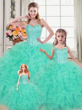  Turquoise Organza Lace Up Vestidos de Quinceanera Sleeveless Floor Length Beading and Ruffles