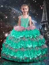  Turquoise Sleeveless Floor Length Beading and Ruffled Layers Lace Up Little Girl Pageant Gowns