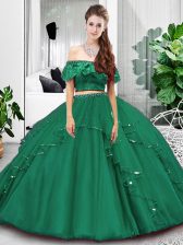  Dark Green Two Pieces Lace and Ruffles Quince Ball Gowns Lace Up Tulle Sleeveless Floor Length